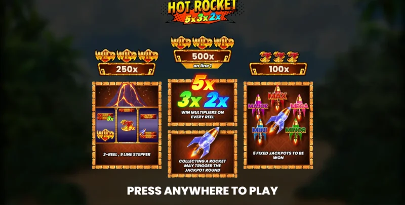 Hot Rocket 5x 3x 2x - glavni izbornik s bubnjevima i gumbom za pokretanje